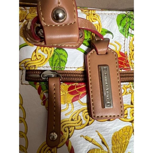 Tignanello Leather & Canvas Tote Bag Purse With Floral Insects & Chain Print - Picture 3 of 11